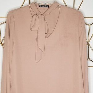 Taupe SHEIN Long Sleeve Blouse V Neck with Bow